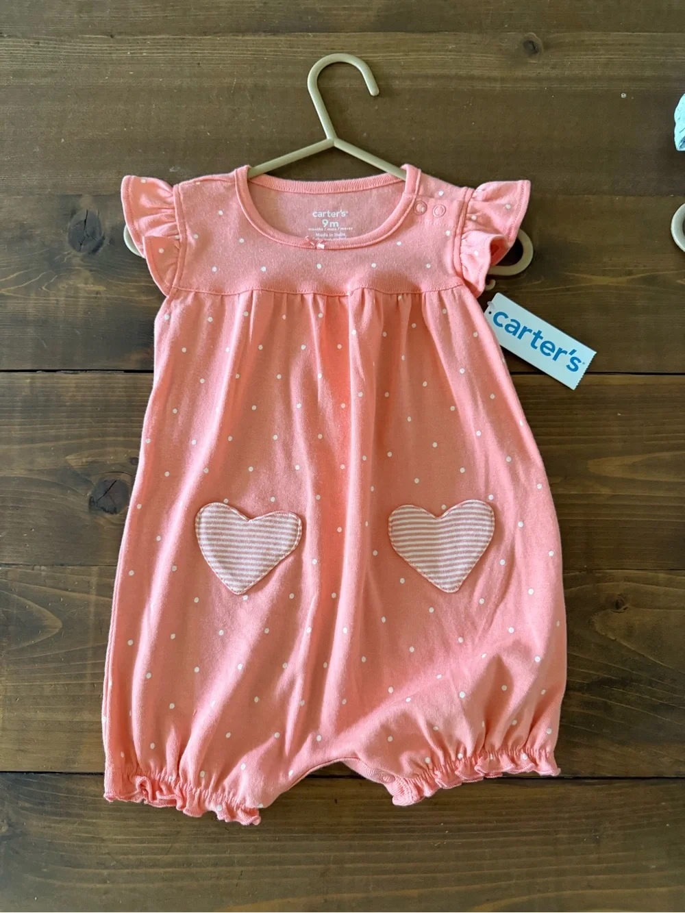 NWT Carter's Pink Polka Dot Heart Pocket Romper